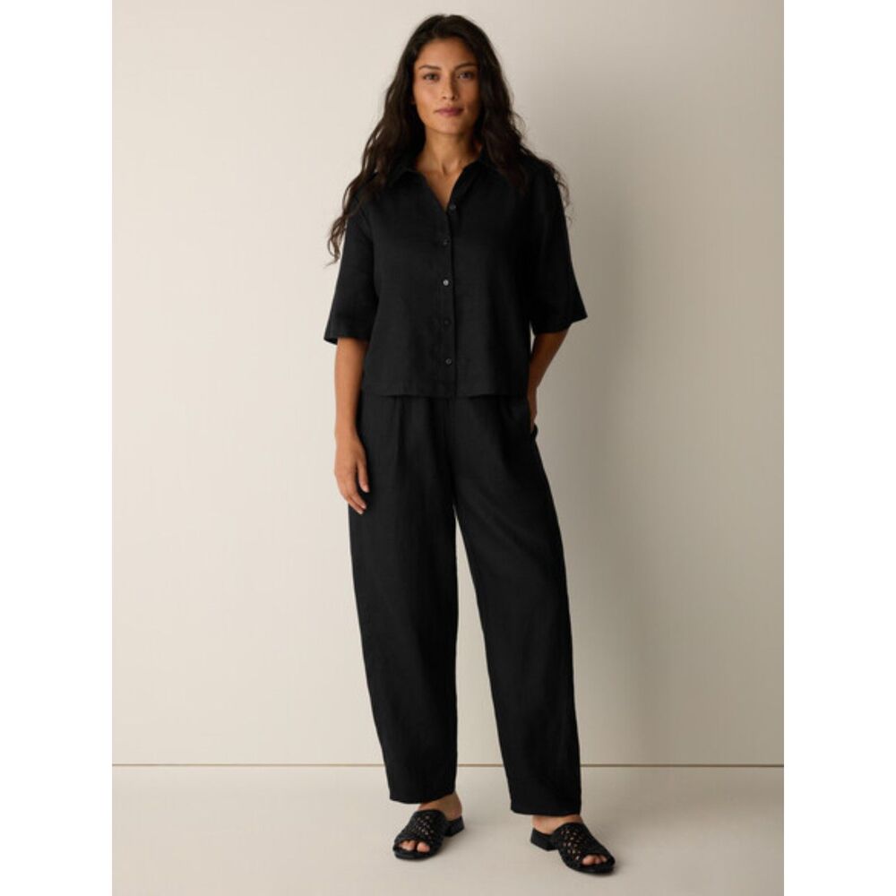 Eileen Fisher 100% Organic Linen Pleated Lantern Pant - Black L